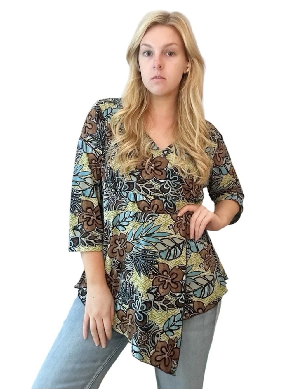 Cato 18/20W Women’s Faux Wrap V-Neck Y2K Tropical Floral 3/4 Sleeve 2000s Blouse